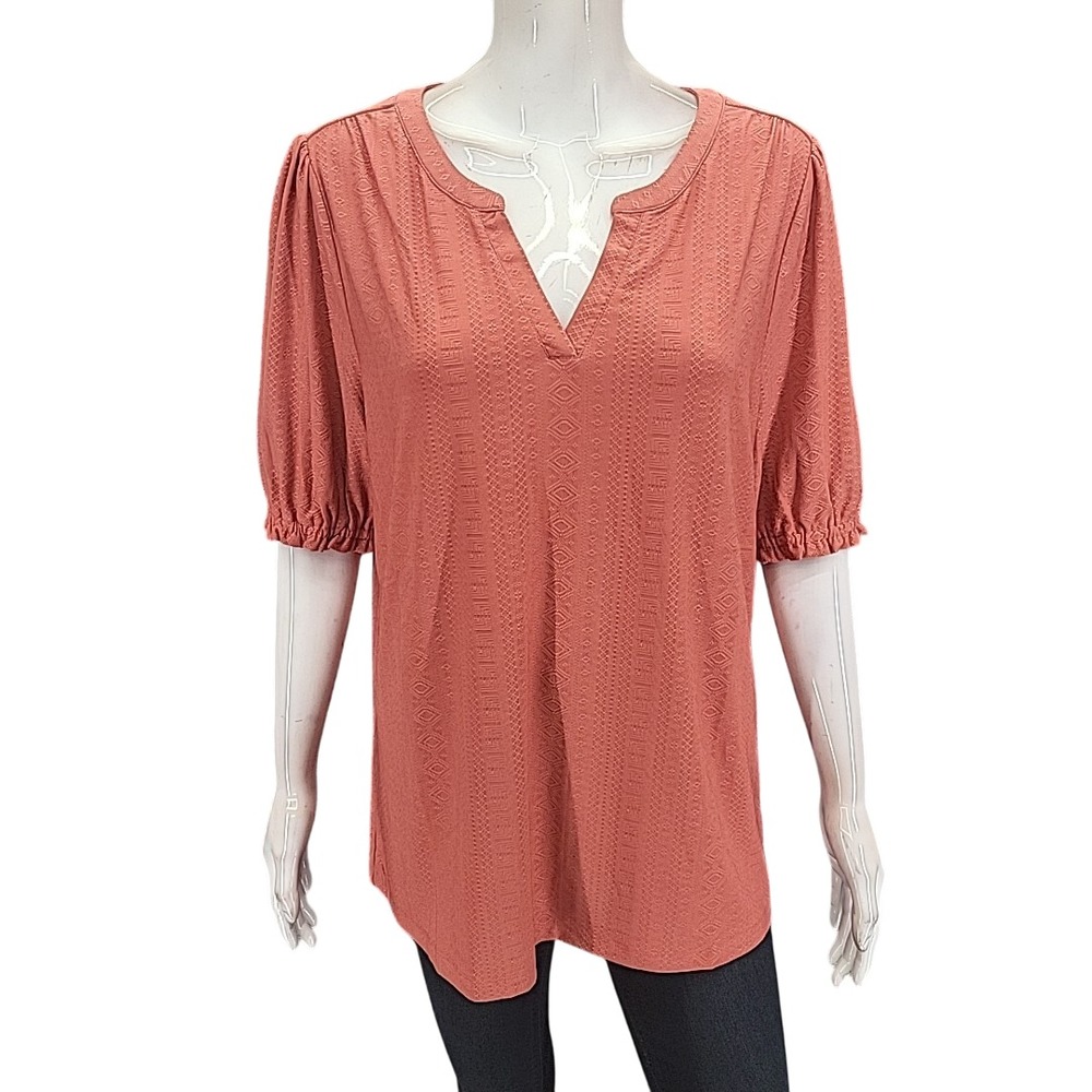 CJ Banks Womens Split V-Neck Top Plus Size X Terracotta Short Sleeve Blouse